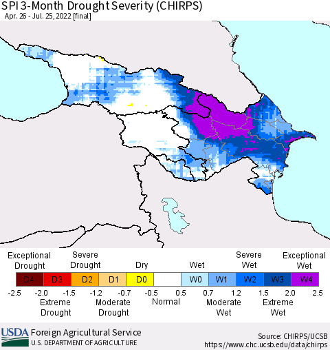 Azerbaijan, Armenia and Georgia SPI 3-Month Drought Severity (CHIRPS) Thematic Map For 4/26/2022 - 7/25/2022