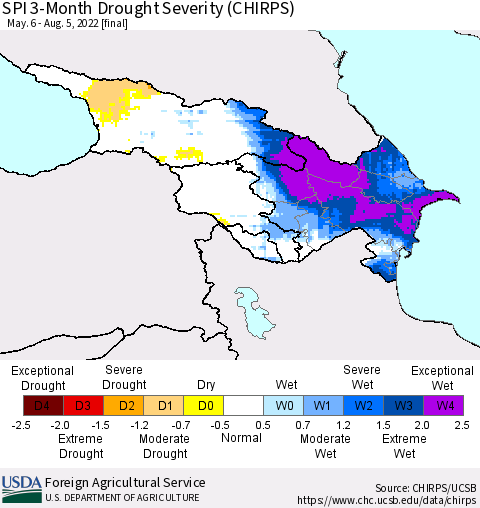 Azerbaijan, Armenia and Georgia SPI 3-Month Drought Severity (CHIRPS) Thematic Map For 5/6/2022 - 8/5/2022