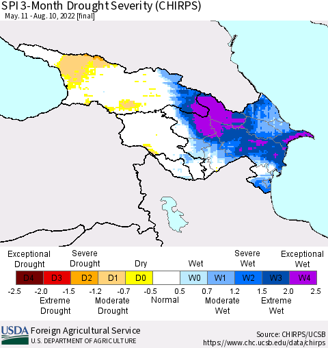Azerbaijan, Armenia and Georgia SPI 3-Month Drought Severity (CHIRPS) Thematic Map For 5/11/2022 - 8/10/2022
