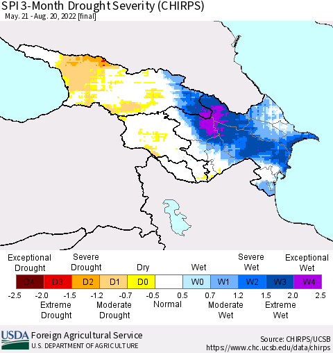 Azerbaijan, Armenia and Georgia SPI 3-Month Drought Severity (CHIRPS) Thematic Map For 5/21/2022 - 8/20/2022