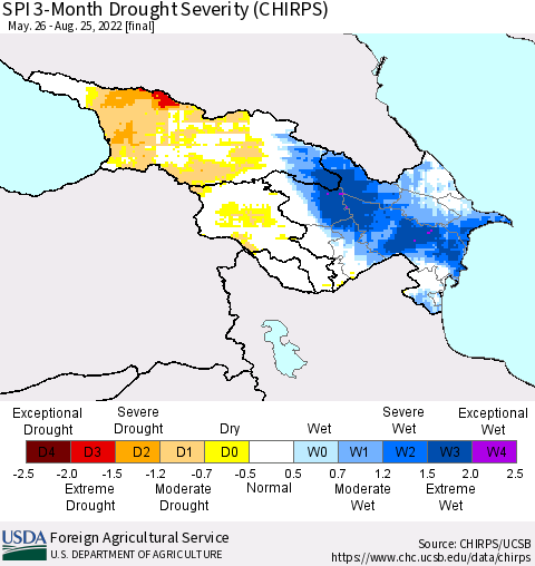 Azerbaijan, Armenia and Georgia SPI 3-Month Drought Severity (CHIRPS) Thematic Map For 5/26/2022 - 8/25/2022