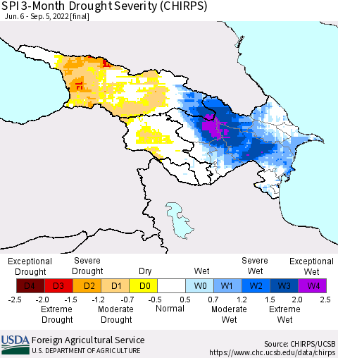 Azerbaijan, Armenia and Georgia SPI 3-Month Drought Severity (CHIRPS) Thematic Map For 6/6/2022 - 9/5/2022