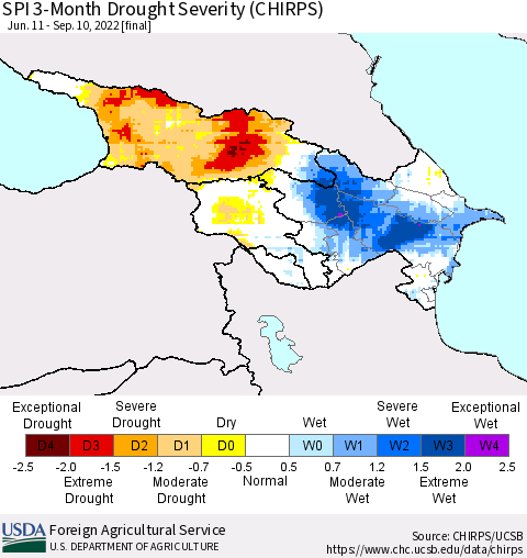 Azerbaijan, Armenia and Georgia SPI 3-Month Drought Severity (CHIRPS) Thematic Map For 6/11/2022 - 9/10/2022