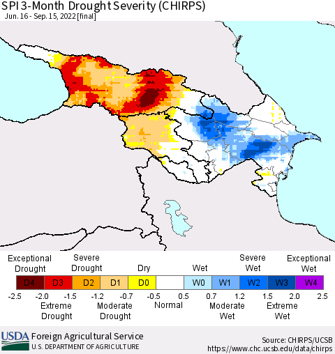 Azerbaijan, Armenia and Georgia SPI 3-Month Drought Severity (CHIRPS) Thematic Map For 6/16/2022 - 9/15/2022