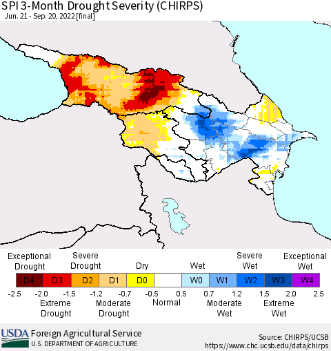 Azerbaijan, Armenia and Georgia SPI 3-Month Drought Severity (CHIRPS) Thematic Map For 6/21/2022 - 9/20/2022