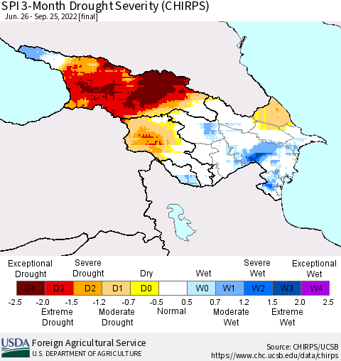 Azerbaijan, Armenia and Georgia SPI 3-Month Drought Severity (CHIRPS) Thematic Map For 6/26/2022 - 9/25/2022