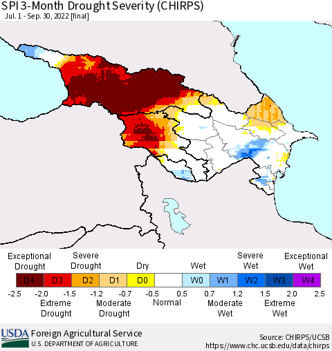 Azerbaijan, Armenia and Georgia SPI 3-Month Drought Severity (CHIRPS) Thematic Map For 7/1/2022 - 9/30/2022