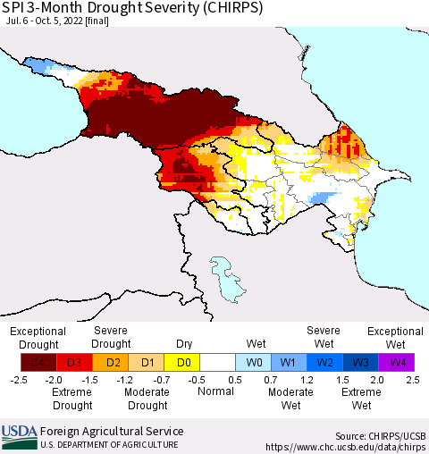 Azerbaijan, Armenia and Georgia SPI 3-Month Drought Severity (CHIRPS) Thematic Map For 7/6/2022 - 10/5/2022