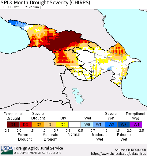 Azerbaijan, Armenia and Georgia SPI 3-Month Drought Severity (CHIRPS) Thematic Map For 7/11/2022 - 10/10/2022