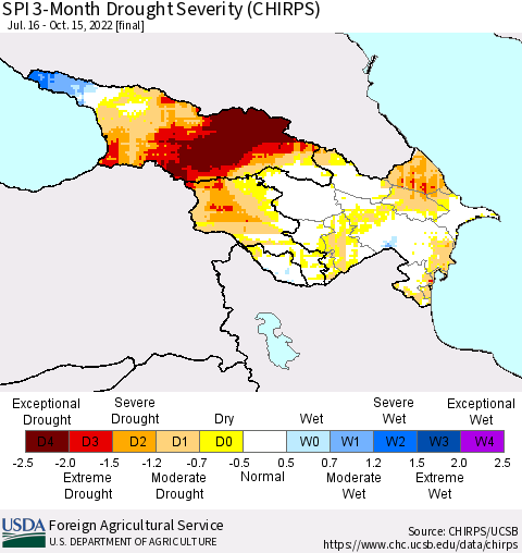 Azerbaijan, Armenia and Georgia SPI 3-Month Drought Severity (CHIRPS) Thematic Map For 7/16/2022 - 10/15/2022