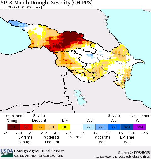 Azerbaijan, Armenia and Georgia SPI 3-Month Drought Severity (CHIRPS) Thematic Map For 7/21/2022 - 10/20/2022