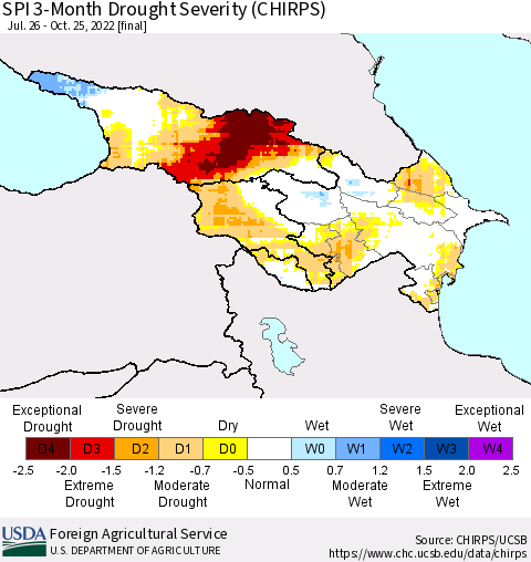 Azerbaijan, Armenia and Georgia SPI 3-Month Drought Severity (CHIRPS) Thematic Map For 7/26/2022 - 10/25/2022