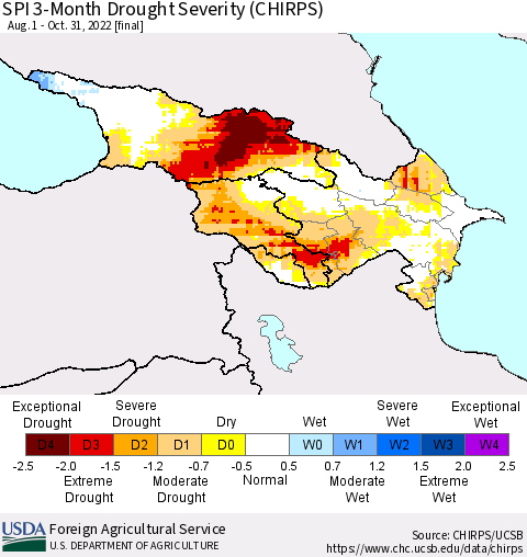 Azerbaijan, Armenia and Georgia SPI 3-Month Drought Severity (CHIRPS) Thematic Map For 8/1/2022 - 10/31/2022