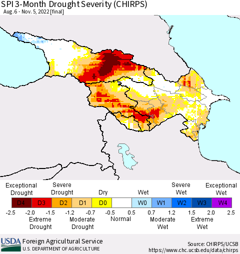 Azerbaijan, Armenia and Georgia SPI 3-Month Drought Severity (CHIRPS) Thematic Map For 8/6/2022 - 11/5/2022