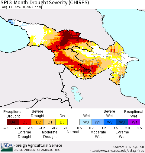 Azerbaijan, Armenia and Georgia SPI 3-Month Drought Severity (CHIRPS) Thematic Map For 8/11/2022 - 11/10/2022