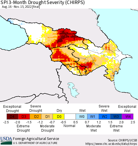 Azerbaijan, Armenia and Georgia SPI 3-Month Drought Severity (CHIRPS) Thematic Map For 8/16/2022 - 11/15/2022