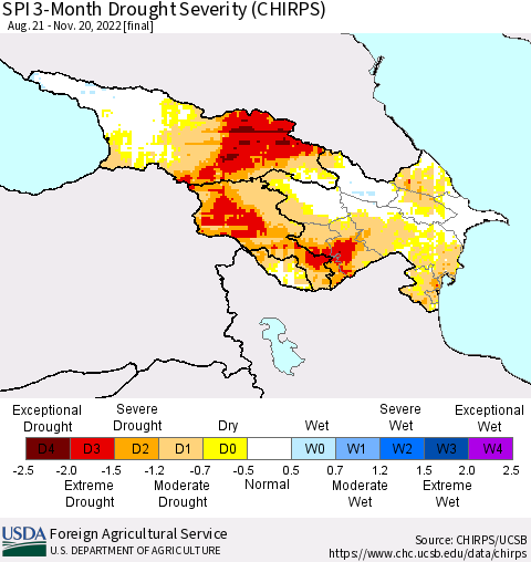 Azerbaijan, Armenia and Georgia SPI 3-Month Drought Severity (CHIRPS) Thematic Map For 8/21/2022 - 11/20/2022