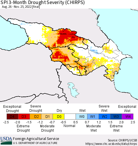 Azerbaijan, Armenia and Georgia SPI 3-Month Drought Severity (CHIRPS) Thematic Map For 8/26/2022 - 11/25/2022