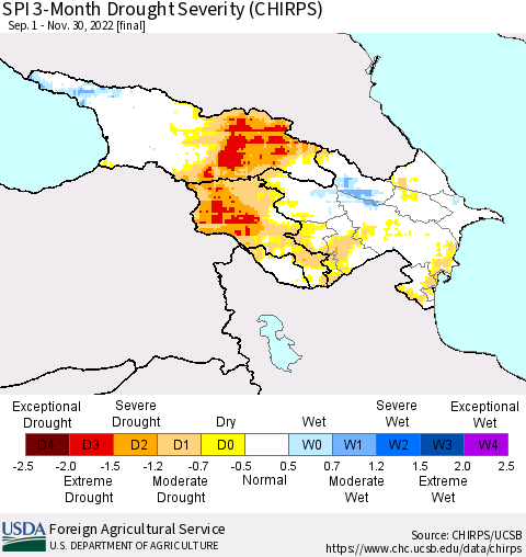 Azerbaijan, Armenia and Georgia SPI 3-Month Drought Severity (CHIRPS) Thematic Map For 9/1/2022 - 11/30/2022
