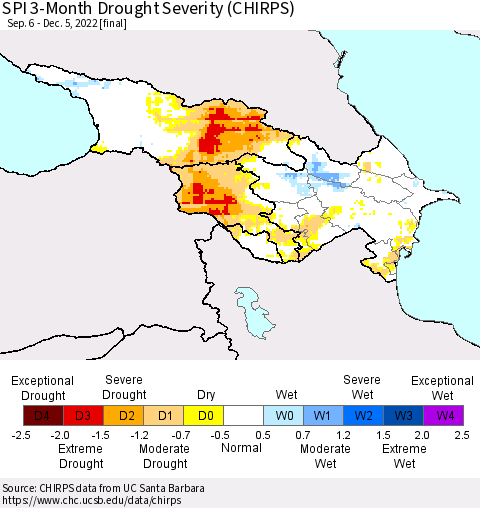 Azerbaijan, Armenia and Georgia SPI 3-Month Drought Severity (CHIRPS) Thematic Map For 9/6/2022 - 12/5/2022