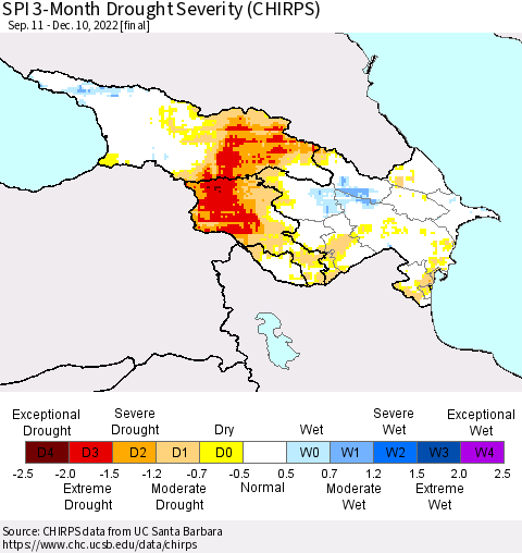 Azerbaijan, Armenia and Georgia SPI 3-Month Drought Severity (CHIRPS) Thematic Map For 9/11/2022 - 12/10/2022