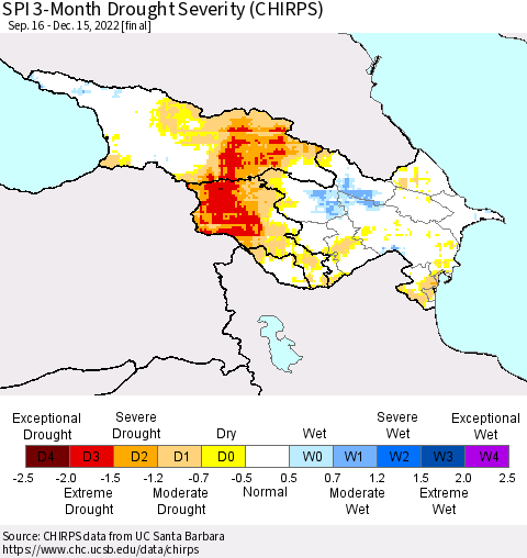 Azerbaijan, Armenia and Georgia SPI 3-Month Drought Severity (CHIRPS) Thematic Map For 9/16/2022 - 12/15/2022