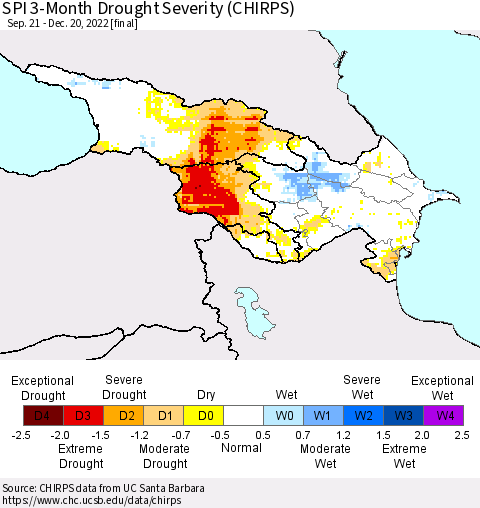 Azerbaijan, Armenia and Georgia SPI 3-Month Drought Severity (CHIRPS) Thematic Map For 9/21/2022 - 12/20/2022