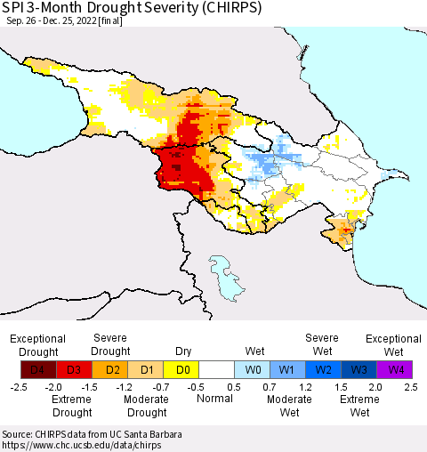 Azerbaijan, Armenia and Georgia SPI 3-Month Drought Severity (CHIRPS) Thematic Map For 9/26/2022 - 12/25/2022