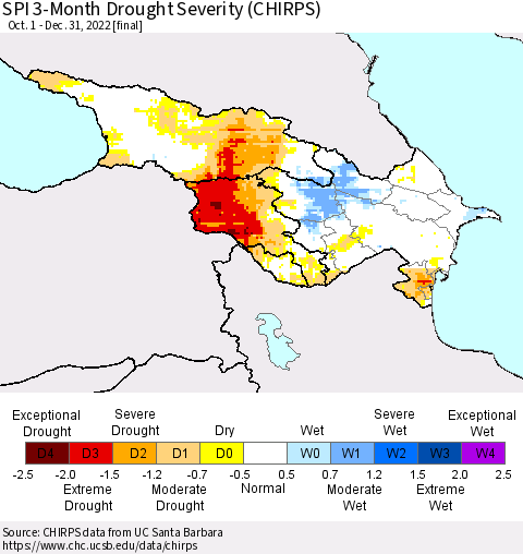 Azerbaijan, Armenia and Georgia SPI 3-Month Drought Severity (CHIRPS) Thematic Map For 10/1/2022 - 12/31/2022