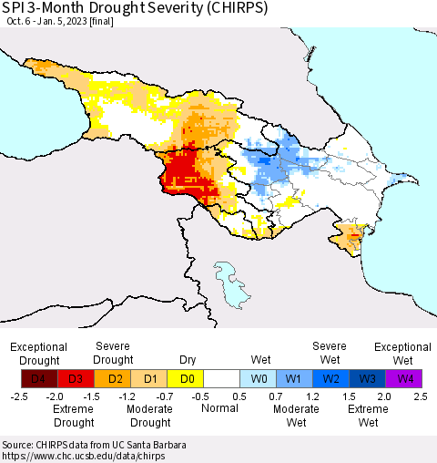 Azerbaijan, Armenia and Georgia SPI 3-Month Drought Severity (CHIRPS) Thematic Map For 10/6/2022 - 1/5/2023