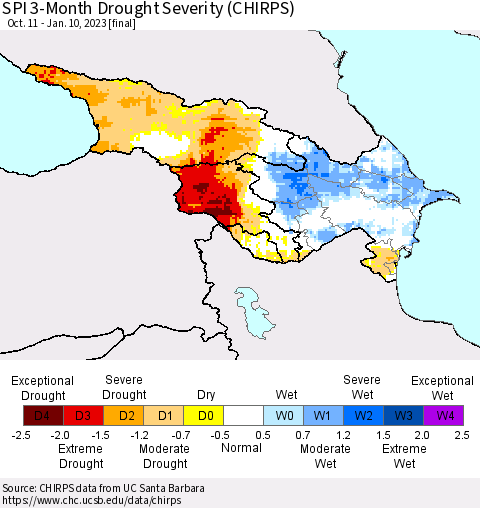 Azerbaijan, Armenia and Georgia SPI 3-Month Drought Severity (CHIRPS) Thematic Map For 10/11/2022 - 1/10/2023
