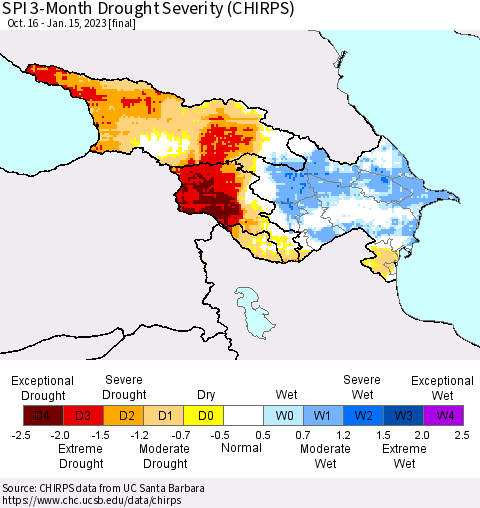 Azerbaijan, Armenia and Georgia SPI 3-Month Drought Severity (CHIRPS) Thematic Map For 10/16/2022 - 1/15/2023
