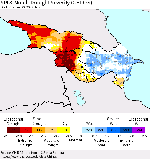 Azerbaijan, Armenia and Georgia SPI 3-Month Drought Severity (CHIRPS) Thematic Map For 10/21/2022 - 1/20/2023