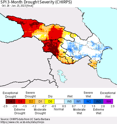Azerbaijan, Armenia and Georgia SPI 3-Month Drought Severity (CHIRPS) Thematic Map For 10/26/2022 - 1/25/2023