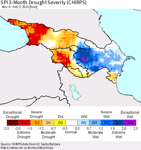 Azerbaijan, Armenia and Georgia SPI 3-Month Drought Severity (CHIRPS) Thematic Map For 11/6/2022 - 2/5/2023