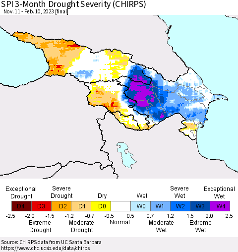 Azerbaijan, Armenia and Georgia SPI 3-Month Drought Severity (CHIRPS) Thematic Map For 11/11/2022 - 2/10/2023