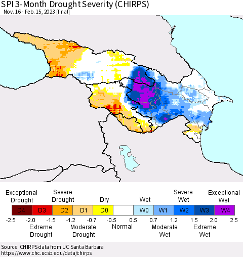 Azerbaijan, Armenia and Georgia SPI 3-Month Drought Severity (CHIRPS) Thematic Map For 11/16/2022 - 2/15/2023