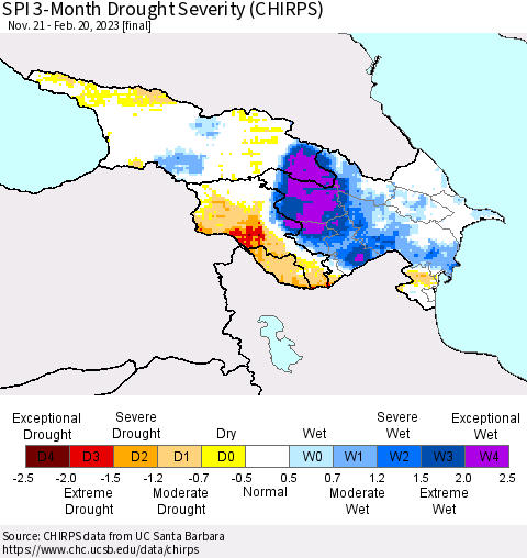 Azerbaijan, Armenia and Georgia SPI 3-Month Drought Severity (CHIRPS) Thematic Map For 11/21/2022 - 2/20/2023