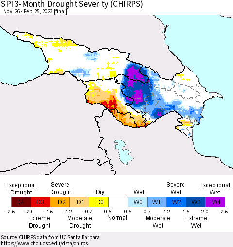 Azerbaijan, Armenia and Georgia SPI 3-Month Drought Severity (CHIRPS) Thematic Map For 11/26/2022 - 2/25/2023