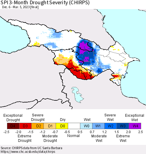 Azerbaijan, Armenia and Georgia SPI 3-Month Drought Severity (CHIRPS) Thematic Map For 12/6/2022 - 3/5/2023