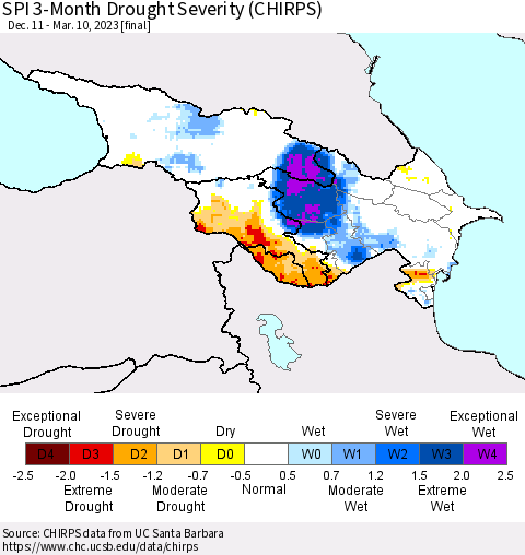 Azerbaijan, Armenia and Georgia SPI 3-Month Drought Severity (CHIRPS) Thematic Map For 12/11/2022 - 3/10/2023