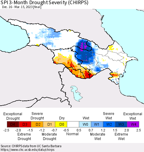 Azerbaijan, Armenia and Georgia SPI 3-Month Drought Severity (CHIRPS) Thematic Map For 12/16/2022 - 3/15/2023