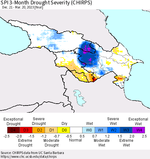 Azerbaijan, Armenia and Georgia SPI 3-Month Drought Severity (CHIRPS) Thematic Map For 12/21/2022 - 3/20/2023