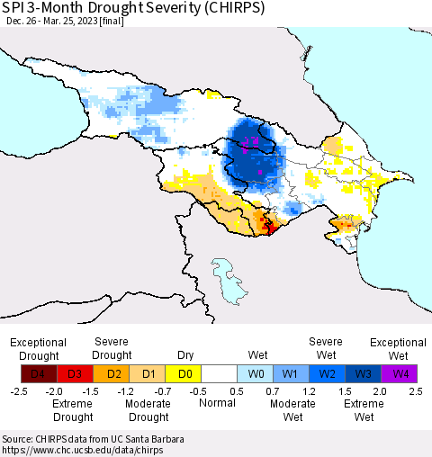 Azerbaijan, Armenia and Georgia SPI 3-Month Drought Severity (CHIRPS) Thematic Map For 12/26/2022 - 3/25/2023