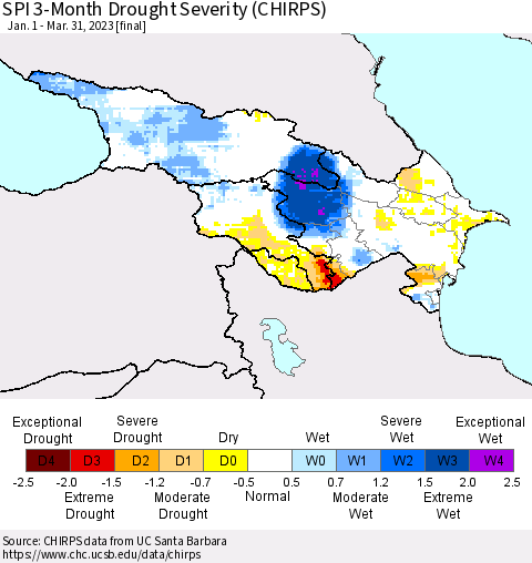 Azerbaijan, Armenia and Georgia SPI 3-Month Drought Severity (CHIRPS) Thematic Map For 1/1/2023 - 3/31/2023