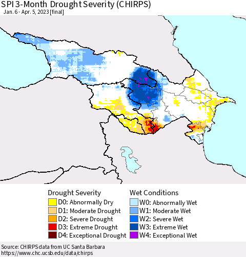 Azerbaijan, Armenia and Georgia SPI 3-Month Drought Severity (CHIRPS) Thematic Map For 1/6/2023 - 4/5/2023