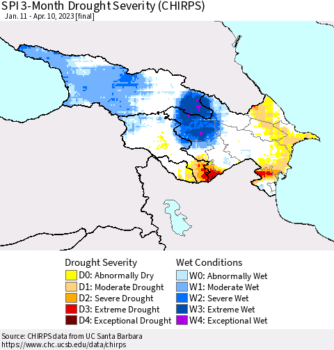 Azerbaijan, Armenia and Georgia SPI 3-Month Drought Severity (CHIRPS) Thematic Map For 1/11/2023 - 4/10/2023