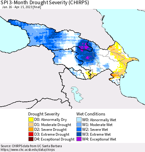 Azerbaijan, Armenia and Georgia SPI 3-Month Drought Severity (CHIRPS) Thematic Map For 1/16/2023 - 4/15/2023
