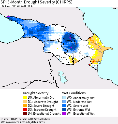 Azerbaijan, Armenia and Georgia SPI 3-Month Drought Severity (CHIRPS) Thematic Map For 1/21/2023 - 4/20/2023