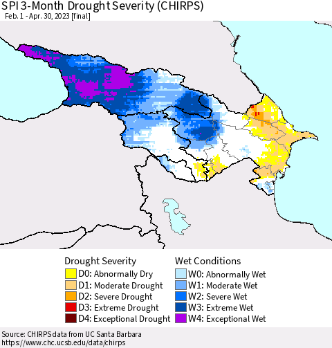 Azerbaijan, Armenia and Georgia SPI 3-Month Drought Severity (CHIRPS) Thematic Map For 2/1/2023 - 4/30/2023